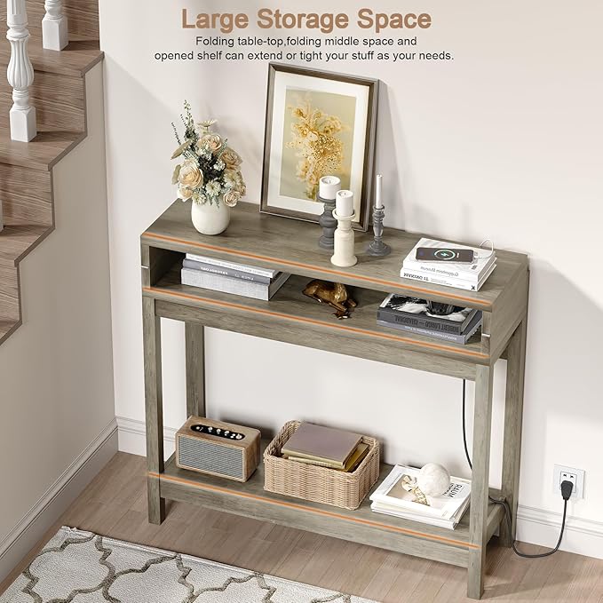 Console Table with Charging Station, 38” Narrow Side Foldable Sofa Table with Shelves, Side Table with Charging, Entryway Table with Anti-Tip Design,Rustic,Rustic Gray