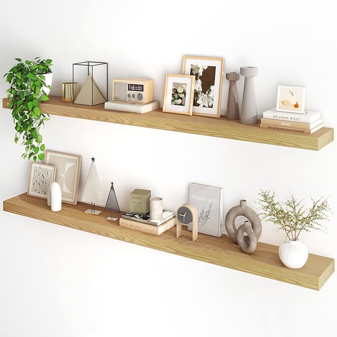 Fun Memories 66 Inch Fireplace Mantel - Long Floating Shelf, Wall Mounted Farmhouse Display with Invisible Heavy Duty Metal Bracket, Oak, 2 Pack