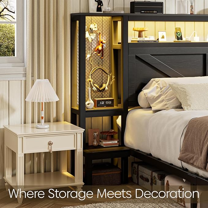 Queen Size Rustic Bed Frame with Storage Born Door Headboard and Bedside Storage, Industrial Farmhouse Metal Platform Bed Frame with Charging Station and LED Lights, Black