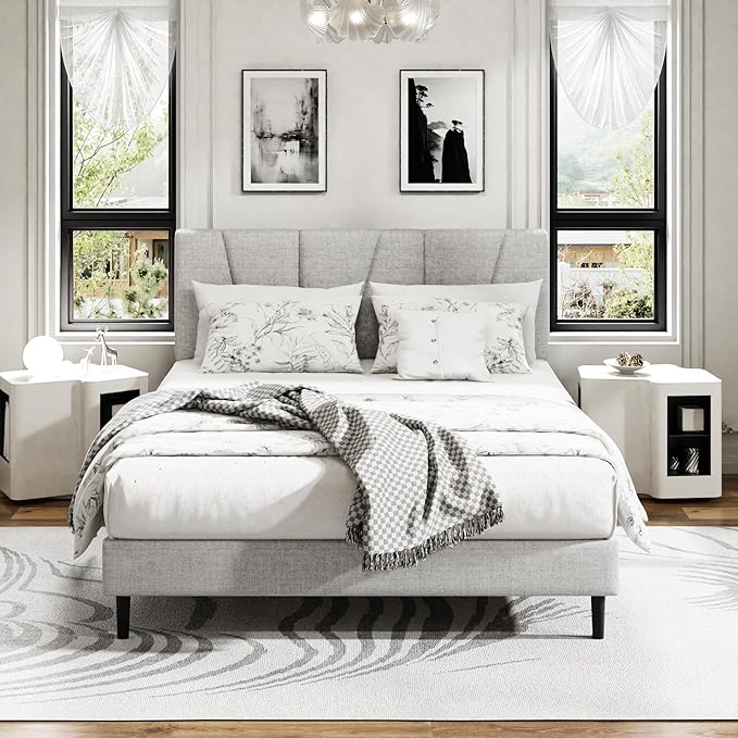 Queen Size Platform Bed Frame with Upholstered Headboard, Wooden Slats Support, Noise Free, No Box Spring Needed, Easy Assembly, Light Grey, Linen