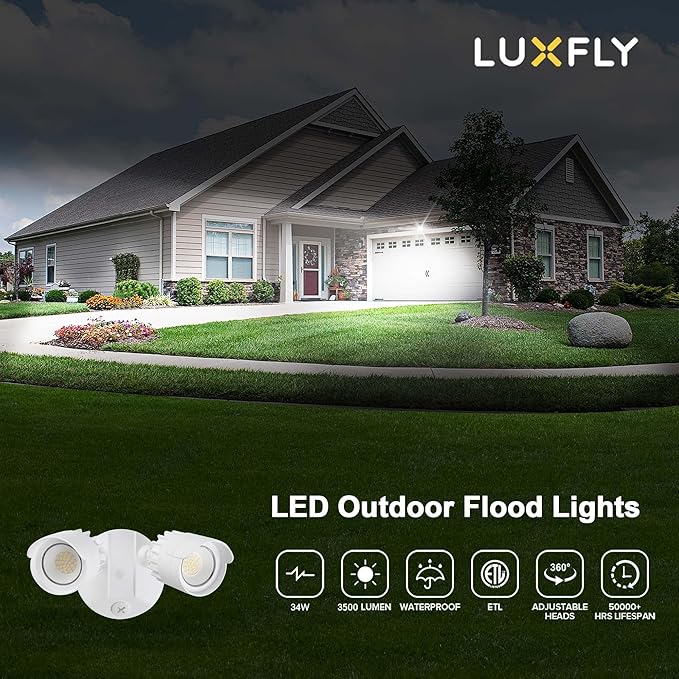LED Flood Lights Outdoor, 34W 3500LM 5000K Daylight, IP65 Waterproof Security Lights with 2 Adjustable Heads, Exterior Wall Light for Patio, Garage, Yard (White)