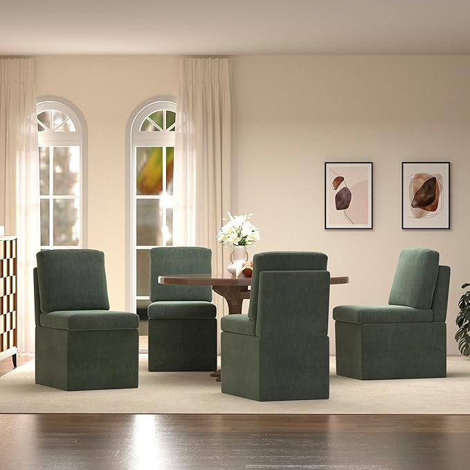 VKNOW Upholstered Dining Chairs Set of 4, Modern Kitchen Chairs with Storage, Linen Armchair Dining Room Chair for Kitchen Dining Room Office Bedroom, Green