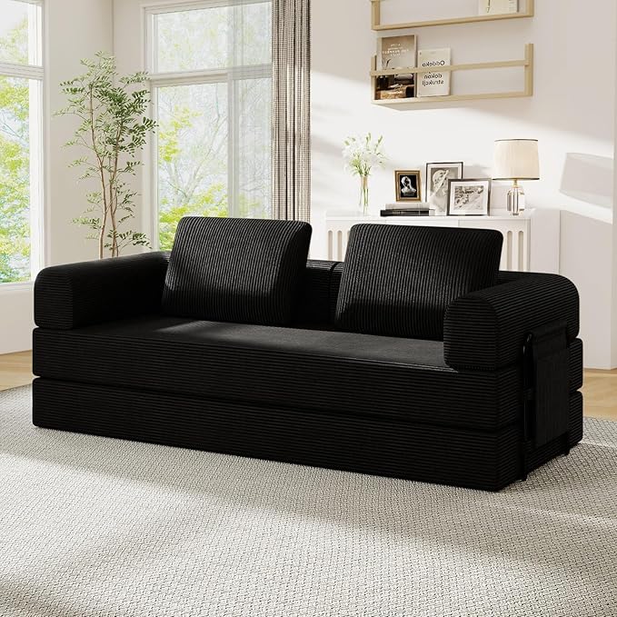 Antetek Convertible Sofa Bed, Comfy Corduroy Fluffy Love seat Sleeper Sofa, 5 in 1 Folding Couch Bed, Fold Out Floor Couch with Pillows for Bedroom, Living Room, Office, Pinstripe, Black