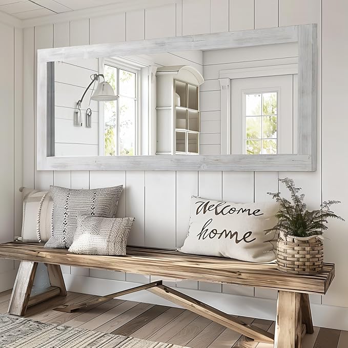 MELOMOIR Rustic Farmhouse Full Length Mirror, 71"x32" Large Floor Wood Frame, Free Standing Leaning Hanging, Full Body for Bedroom Living Room Cloakroom, Weathering White