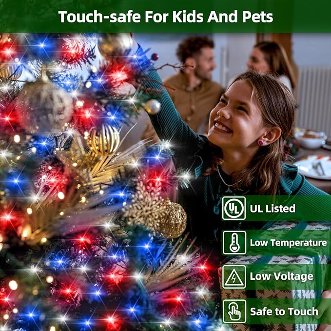 350LED 90FT Christmas Lights Indoor Outdoor, 12 Modes Red Blue and White Outdoor String Lights with Timer & Dimmable, Green Wire Christmas String Lights for Xmas Patio Yard Fence Bedroom Garden Decor