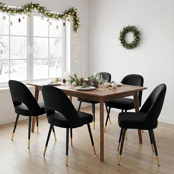 LukeAlon Classic Velvet Dining Chairs Set of 4, Upholstered Open Back Kitchen Chairs with Metal Legs Armless Side Chairs Mid Century Dining Chair for Dining Room, Luxurious Black