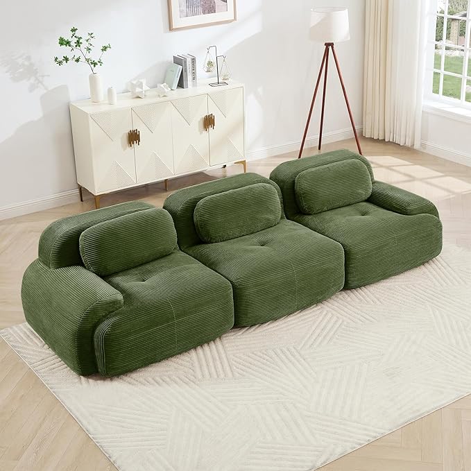 116" Modern Compressed Boneless Couch, 3 Seater Sectional Couches for Living Room, Green Corduroy Cloud Modular Sectional Sofa, Comfy Memory Foam, Extra Deep, Sofas para Sala, No Assembly