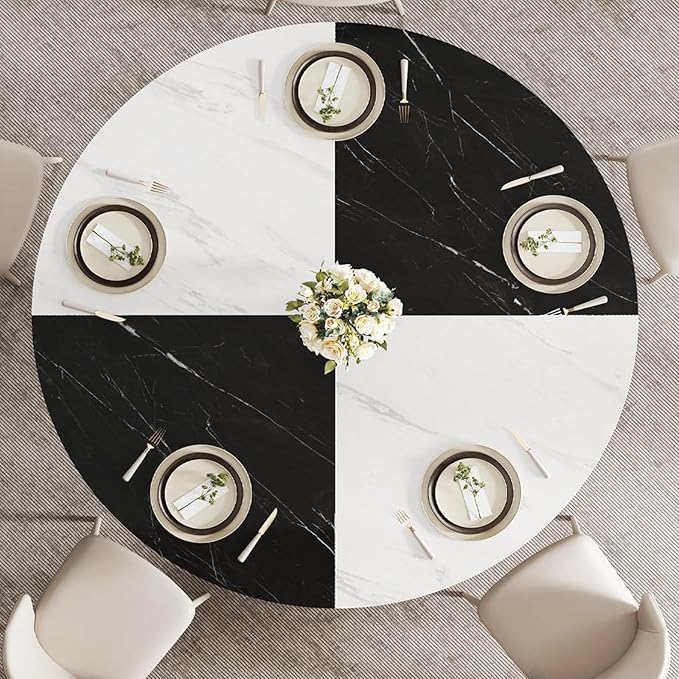 LVB Round Marble Dining Table, Modern Wood Metal Kitchen Dining Table, Industrial Small Dinner Room Table for 4 to 6 People for Living Room, Home, Apartment,Black and White Marble, 42 Inch