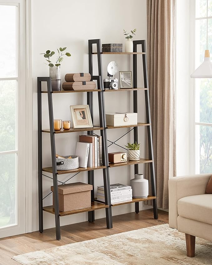 VASAGLE Ladder Shelf, 5-Tier Bookshelf, Storage Rack, Bookcase with Steel Frame, for Living Room, Home Office, Kitchen, Bedroom, Industrial Style, Rustic Brown and Ink Black ULLS45X