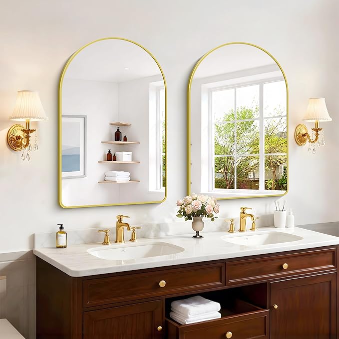 Arched Bathroom Mirror, 24"x36" Gold Arched Mirror for Bathroom, Wall Mounted Mirror, Gold Vanity Wall Mirror w/Metal Frame for Bedroom, Entryway, Living Room, Vertically Hanging