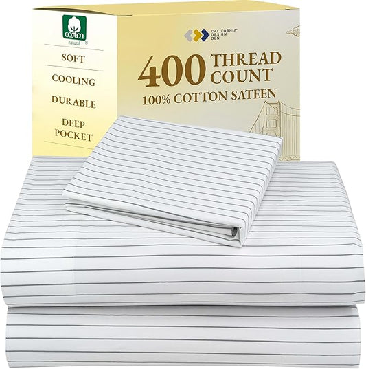 California Design Den Deep Pocket Twin Sheets Set - 400 Thread Count Sateen, Natural 100% Cotton Sheets, Cooling and Durable Bedding Set - Pinstriped