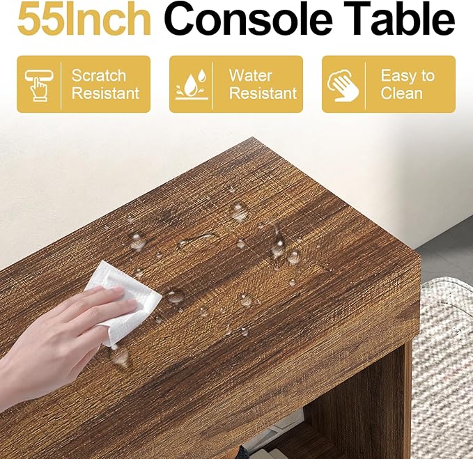 55 Inches Console Table,4 Cubes Narrow Entryway Table,3 Tier Wood Behind Couch Sofa Table,TV Console with Storage for Living Room,Hallway,Entrance,Foyer (Striped Brown)