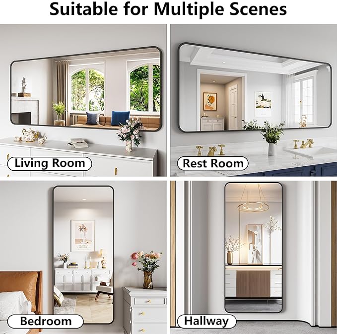 Koonmi Bathroom Mirror, 32X72 Brushed Black Rectangle Wall Mirror, HD Tempered Glass, Anti-Rust Frame Vanity Mirror, Rounded Rectangle Mirror for Restroom, Bedroom, Hangs Horizontal or Vertical