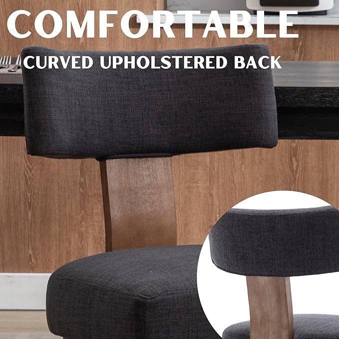 Linen Dining Chairs Set of 6, Modern Dining Chair with Curved Backrest and Wood Legs Upholstered Dining Chairs Farmhouse Dining Room Chairs Kitchen Chairs, Charcoal