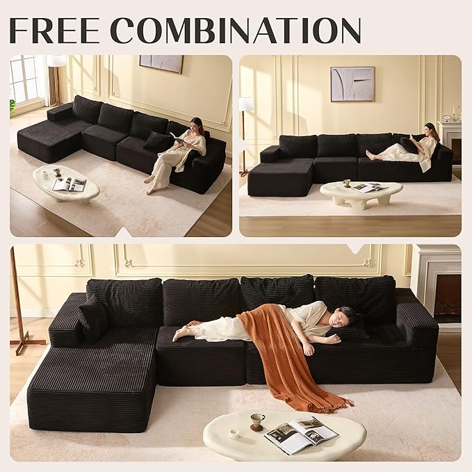 138" Boneless Couch with Deep Seat, Modular Sectional Sofa, Cloud Sectional Couch for Living Room, No Assembly Required, Corduroy, 4 Seater L-Shape Left, Black