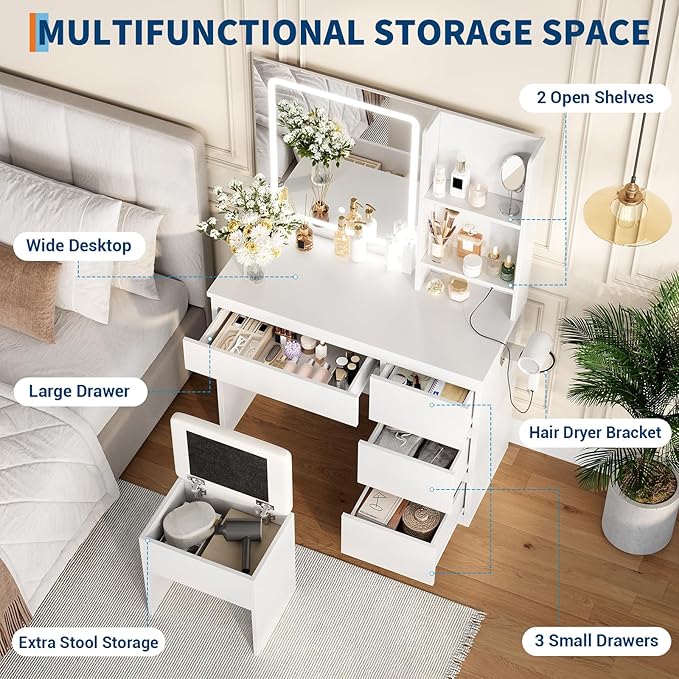 GarveeHome Vanity Desk with Mirror and Lights - Modern Makeup Dressing Table with Outlets, Storage Stool, 4 Drawers & Hair Dryer Holder - 3 Colors LED Vanity Mirror, Vanities for Bedroom, White