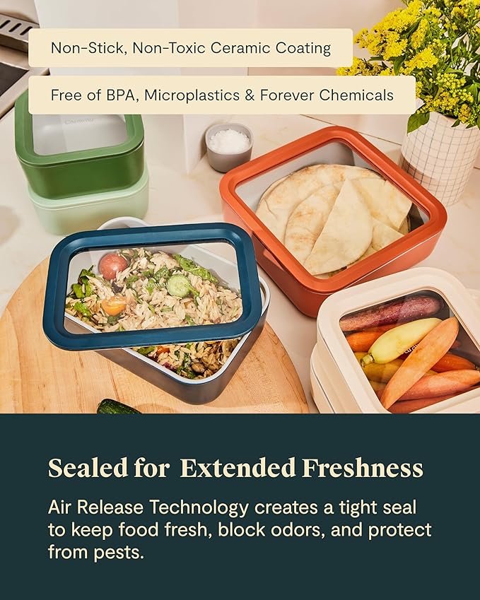 Caraway 3pc Glass Food Storage Set - 10, 6.6, & 4.4 Cup Containers - Ceramic Coated - Non-Toxic Non-Stick Lunch Box With Glass Lids - Dishwasher, Oven, & Microwave Safe - Perracotta