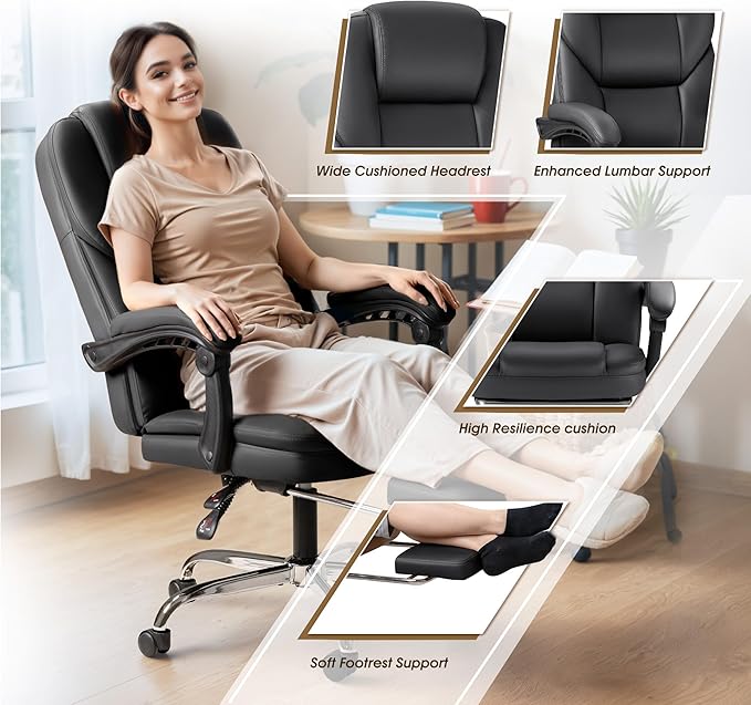 Furmax Executive Office Chair with Foot Rest Big and Tall Office Chair Ergonomic Home Office Desk Chairs Reclining High Back Leather Chair with Lumbar Support, 400LBS (Black)