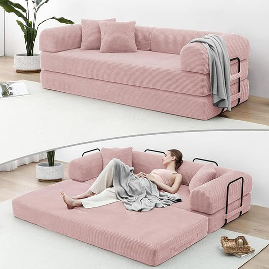 Compression Sofa - 79'' Convertible Sofa Bed, Boneless Couch in a Box, Modular Corduroy Foldable Sleeper Sofa with 2 Pillows, Loveseat Couches for Living Room (Corduroy Fabric, Pink)