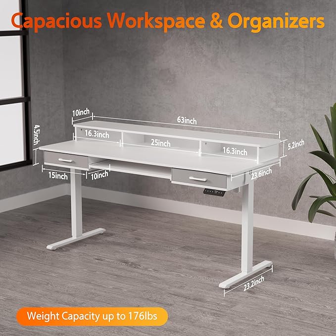 63 Inches Electric Standing Desk with Keyboard Tray, Height Adjustable Sit to Stand Table with 2 Drawers, Ergonomic Home Office Desk with Storage Shelf, Computer Table, White