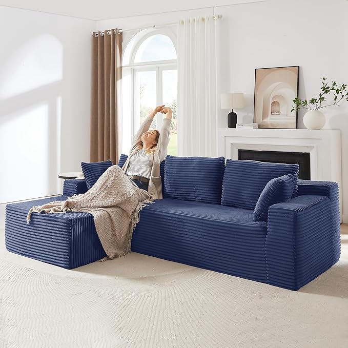 Modular Cloud Sectional Couch with L-Shape Chaise,Modern Upholstered Couches with Deep Seat,Corduroy Sponge Compressed Sofa for Living Room,No Assembly Required (Blue)