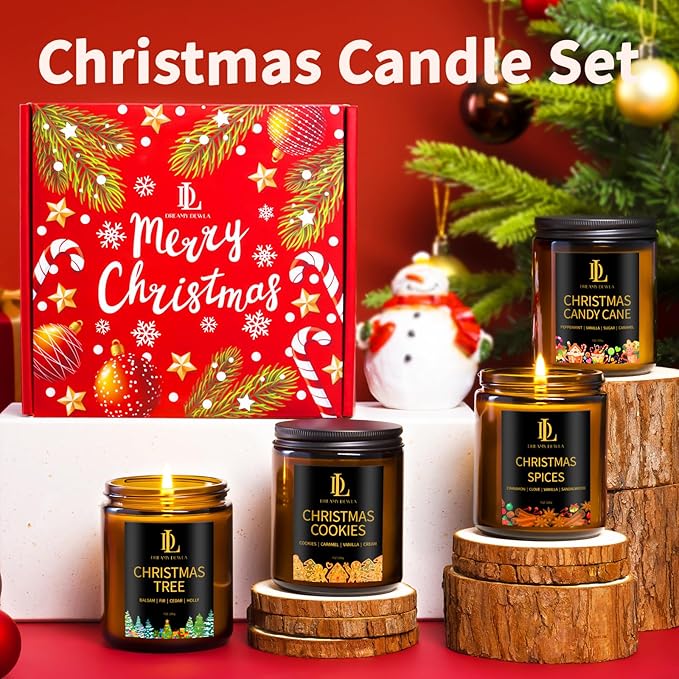 Christmas Candle Set, Scented Candle for Holiday, 4 Pack Soy Candles for Home Scented, Christmas Holiday Candle Gifts for Women Men, Scents of Christmas Tree/Cookies/Spices/Candy Cane