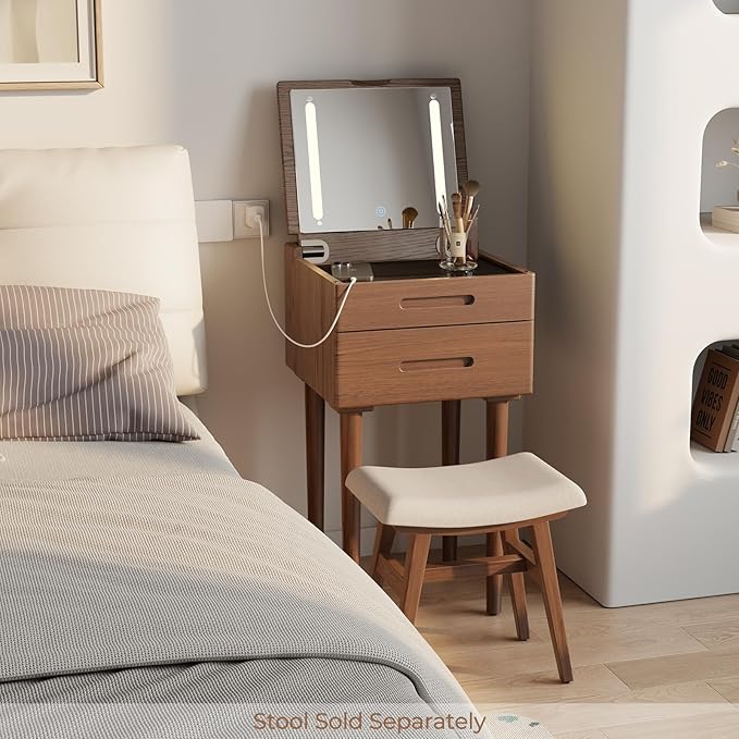 Solid Wood Small Vanity Desk with Mirror and Lights, Narrow Makeup Vanity for Small Space, Flip Top Vanity Side Table, 3 Color Modes & Adjustable Brightness, 15.7" Slim Dressing Table, Walnut