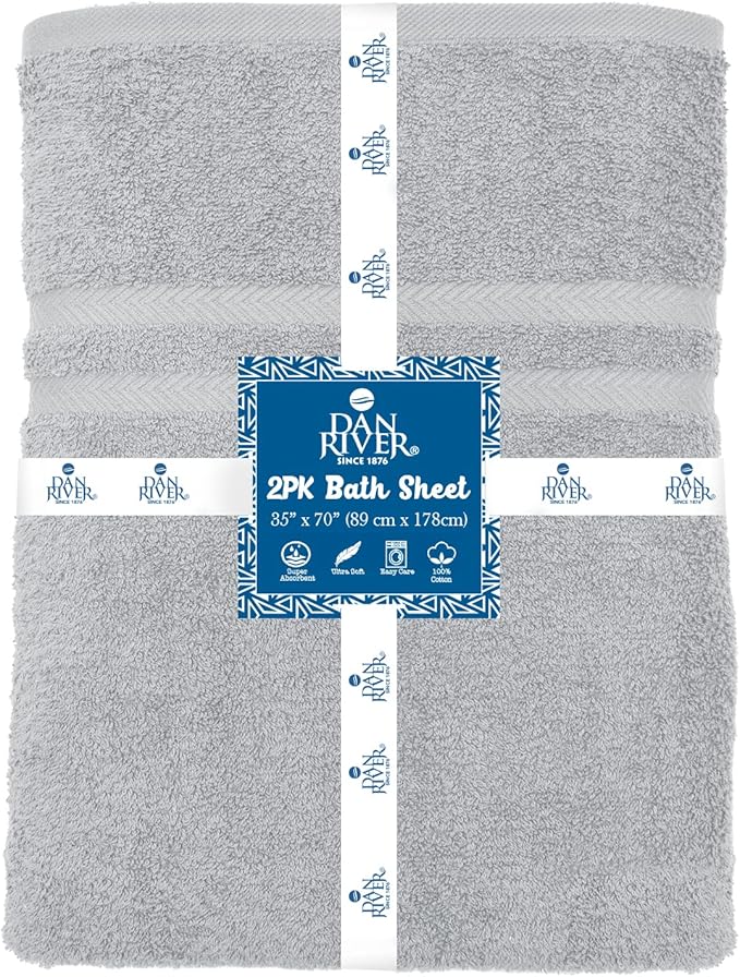 DAN RIVER 2 Pack Luxury Bath Sheets 35x70, 600 GSM, Soft & Quick Dry 100% Ring Spun Cotton Towels Ideal for Hotels, Spas, Gyms & Salons Extra Large, Silver