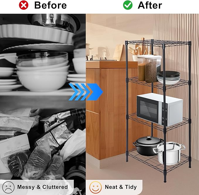 Whitmor 4 Tier Storage Shelves, Heavy Duty Metal Shelving, 400 lbs Capacity per Shelf, 1600 lbs Total, Easy Assembly for Kitchen, Garage, Plant, 18" L x 12" W x 38" H, Black