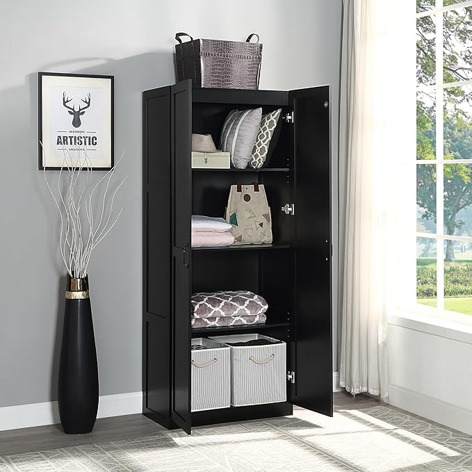 Manhattan Comfort Hopkins Modern Freestanding Storage Cabinet with 4 Adjustable Shelves & Soft Close Doors, Tall Multipurpose Organizer for Kitchen, Pantry, Garage, Mudroom, Set of 1, Black