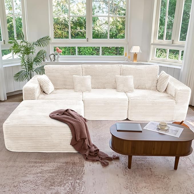 113" Modular Sectional Sofa, Convertible L-Shaped Cloud Couches for Living Room with Ottoman, 4 Seater Corduroy Boneless Couch Sofa Set, No Assembly Required, Beige 1 PCS
