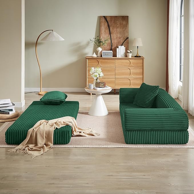 Boneless Couch Sofa Bed Sectional Couches for Living Room,Futon Cloud Couch with Sleeper Sofa,Sofas for Living Room Oversized Corduroy Upholstered (Green)
