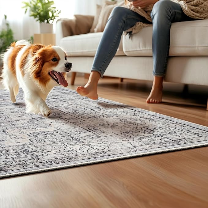 5x7 Area Rugs for Living Room Washable Soft Faux Fur Low Pile Vintage Floral Boho Modern Carpet Rug Non Slip Sound Absorbing Rugs for Bedroom Office Patio Dining Room Kids Room,Natural Grey