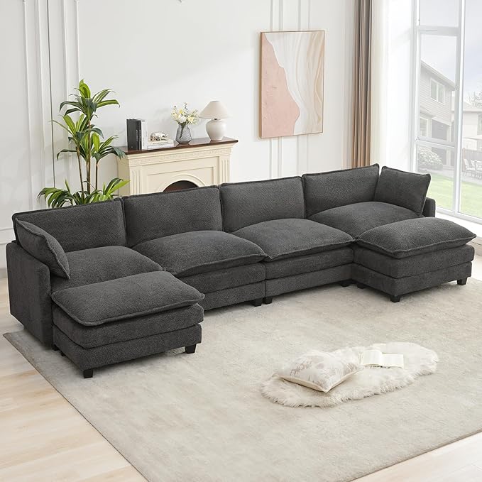 ROWHY Oversized Modular Sectional Couch with 2 Movable Ottoman, 148" Modern Convertible U Shaped Sofa Set, 4 Seat Comfy Cloud Couch with 2 Throw Pillows, for Living Room, Chenille, Charcoal Grey