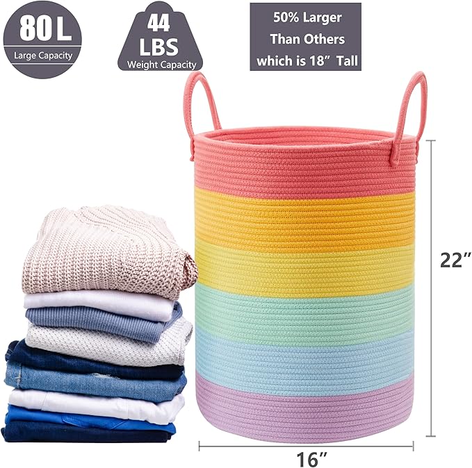 80L Extra Large Rainbow Laundry Hamper Basket for Girls Kids Tall Unicorn Baby Nursery Hamper for Clothes Woven Roper Blanket Toy Basket in Living Room Playroom Bedroom