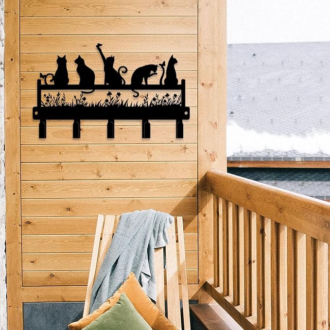 magilab Cat-Themed 10-Inch Iron Key Hooks with 5 Hooks, Black Wall Organizer - Cute Cat Design for Home Decor, No Drill & Screw-in Options (Style I)