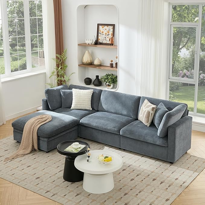 Tbfit Modern Sectional Sofa with Storage, Comfy Cloud Modular Couch with Down-Filled Cushions, Sofa for Home, Living Room, Grey