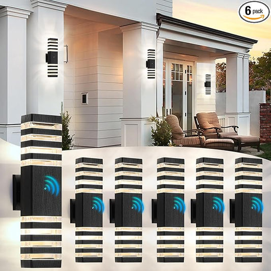 18.3 Inches Dusk to Dawn Outdoor Lighting,Up and Down Exterior Light Fixtures with 4 * 7W LED Bulbs,Waterproof Modern Long Outdoor Wall Light,Black Outdoor Porch Light for House,6 Packs