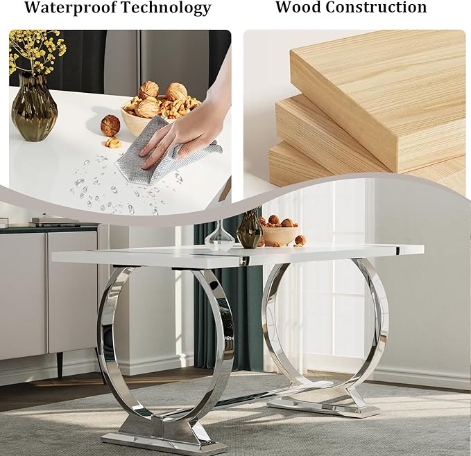 ACEDÉCOR 60in White and Silver Dining Table for 4-6, Modern Luxury Kitchen Room Table with Rectangular Lacquer Top and Silver Stainless Steel Circle Base