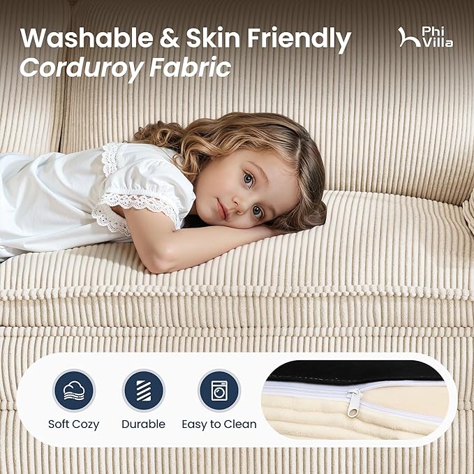 PHI VILLA Modern Modular Couches Sets, 123.6" Cloud Sectional Sofa with Upholstered Deep Seat, 3-Seater Couch for Living Room Small Spaces, Corduroy Fabric, Beige