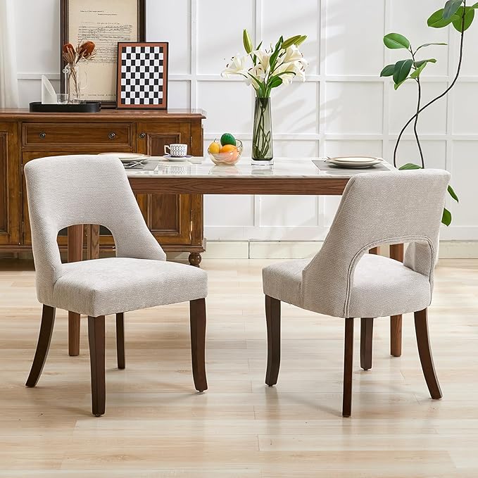 UVV Wooden Dining Chairs Set of 4, Mid Century Modern Upholstered Dining Room Chair Kitchen Chairs, Chenille Dinner Chair with Solid Wood Legs for Kitchen Dining Room, Light Grey-Chenille