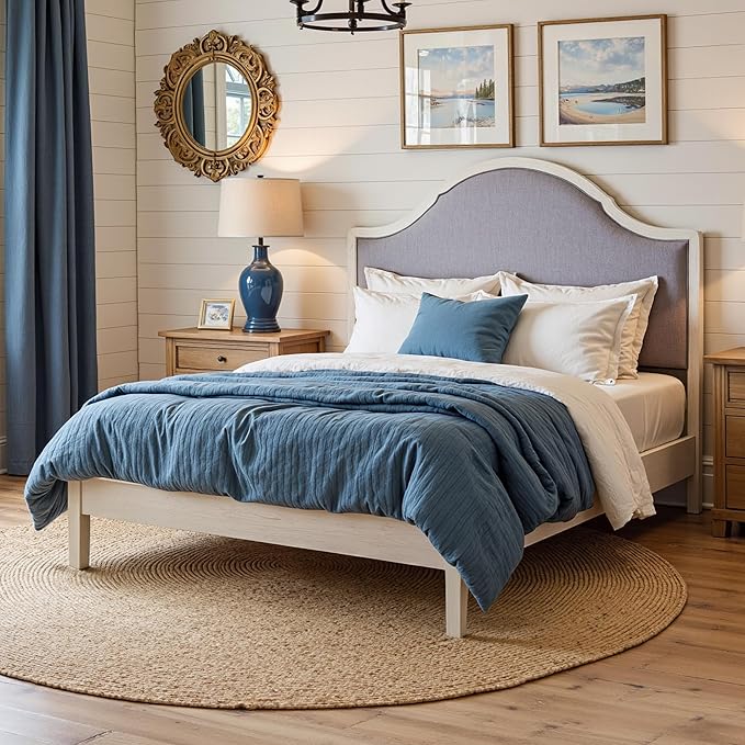 Jocisland Full Size Bed Frame with Tall Upholstered Curved Headboard, Solid Wood Platform Bed, No Box Spring Needed, Wood Slat Support, Easy Assembly, White