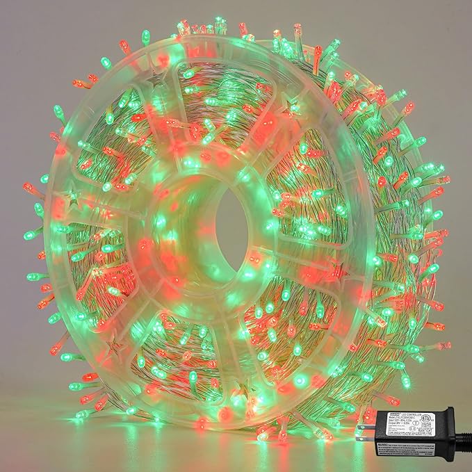 QITONG Red and Green Christmas Light Outdoor Waterproof, 165ft 500 LED Clear Wire String Lights Indoor, 8 Modes Christmas Tree Light Plug-in