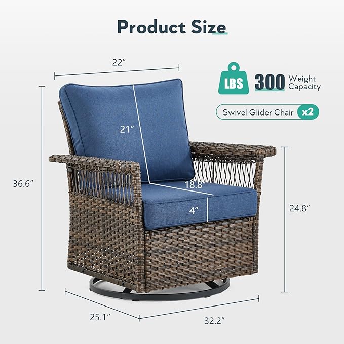 Outdoor Swivel Glider Chairs Set of 2 - Hollow Widen Armrests Wicker Patio Furniture Set, Comfortable High Back Outside Swivel Rocker for Balcony Porch Deck and Yard - Brown/Blue