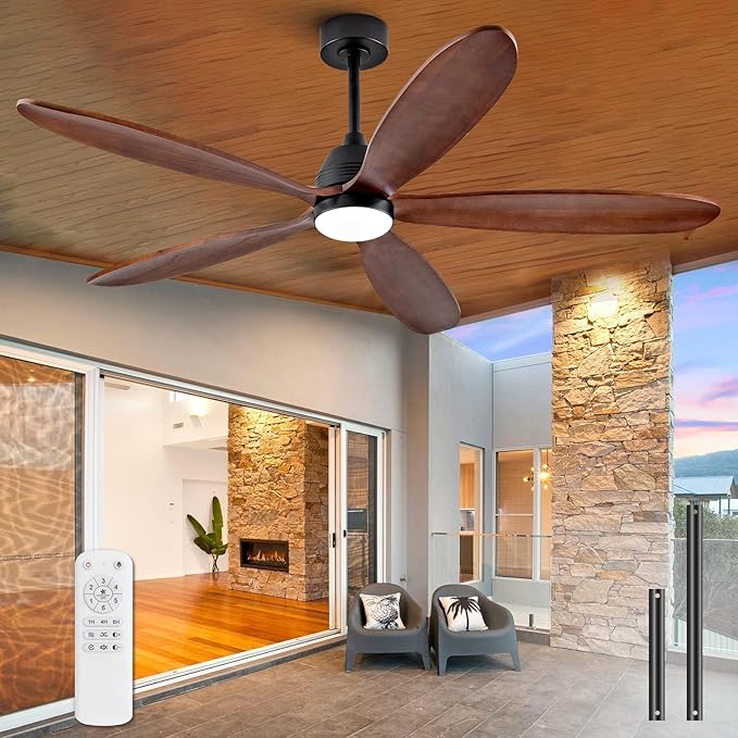 60 Inch Wood Ceiling Fans with Lights and Remote, Modern Outdoor Ceiling Fan with Light for Patio, Dimmable, 5 Blades, Wall Switch, Reversible DC Motor, Memory Function