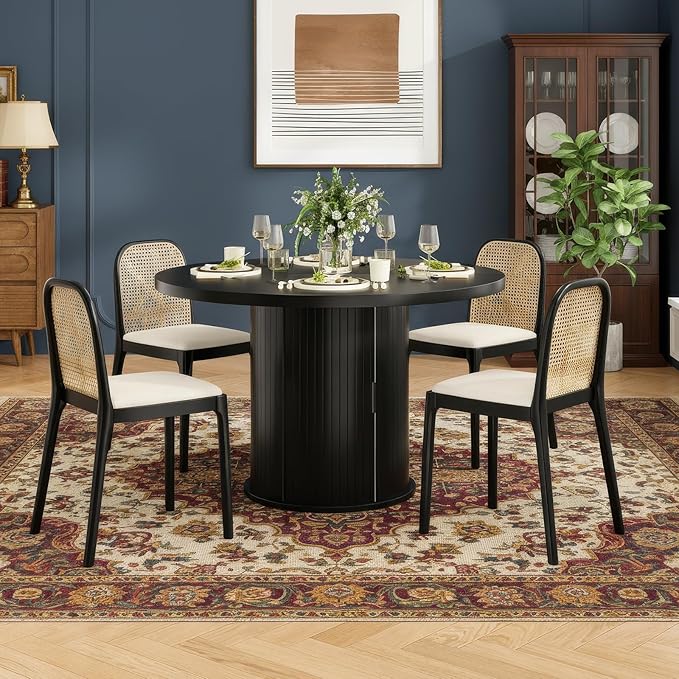 Farini 43" Round Dining Table for 4-6 with Storage Space,Modern Kitchen Room Table with Wood Top & Sturdy Metal Base,Black