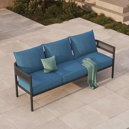 Gand Patio Outdoor 3-Seat Couch Sofa, Wicker Conversation Set with Thick Cushion for Porch, Garden, Yard, Peacock Blue