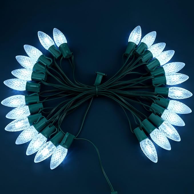 YULETIME Cool White C9 LED Christmas Lights, 25 Feet 25 Count 12" Spacing Faceted Strawberry Bulbs UL Certified Outdoor String Light Set (Cool White)