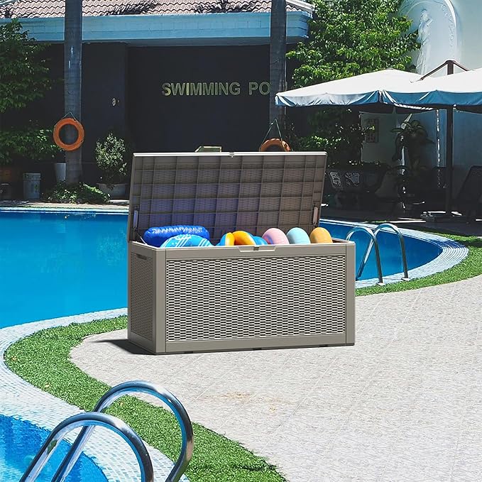 Outdoor Storage Box, Resin Deck Boxes Indoor and outdoor, Waterproof Storage Box Lockable Lid (Grey, 100 Gallon)