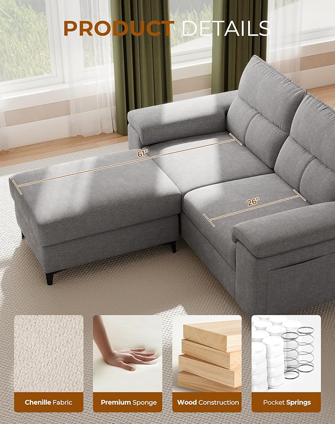 71.25" L Shaped Sectional Couches for Living Room, Deep Seat Sofa with Storage Ottoman & 8”Cushion, Comfy 2-Seater Chenille Loveseat, Convertible Armrest, Removable Cover for Small Space(Light Gray)
